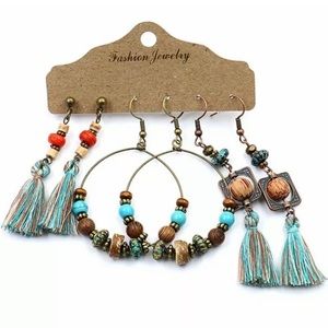 🍀New 3pcs  earrings Boho Gypsy Tribal Festival Tassel Turquoise Ear Drop Dangle